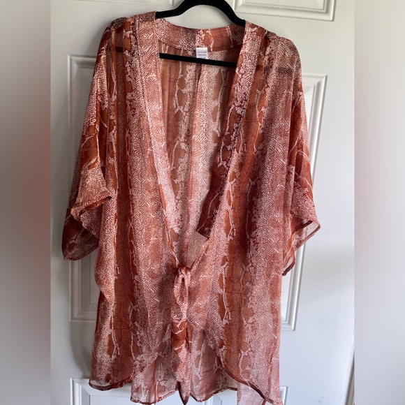 NWOT Gorgeous Sheer Brown Python Design 3/4 Bell Sleeve Kimono Swimsuit Coverup - Picture 14 of 17